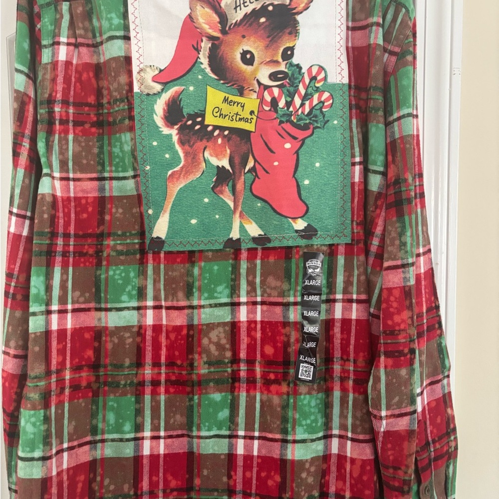 Festive Plaid Button Down Shirt with Reindeer Design